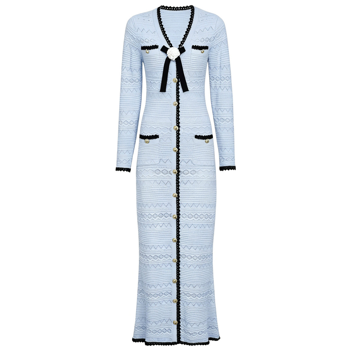 Spring Autumn Fashionable Knitted V neck Floral Slim Fit Slimming Long Sleeves Dress Women Dimenssa