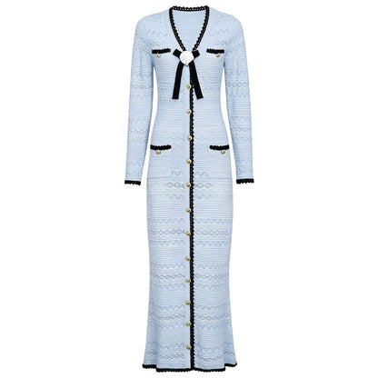 Spring Autumn Fashionable Knitted V neck Floral Slim Fit Slimming Long Sleeves Dress Women Dimenssa