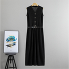 Summer Wear French Sleeveless Knitted Vest Pleated Elegant Dress Belt Cinched Slimming Maxi Dress Women Janero