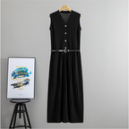Summer Wear French Sleeveless Knitted Vest Pleated Elegant Dress Belt Cinched Slimming Maxi Dress Women Janero