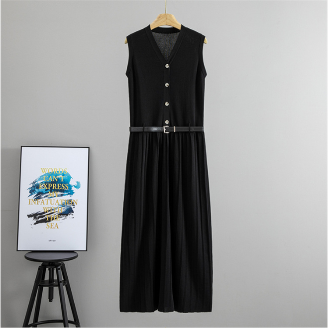 Summer Wear French Sleeveless Knitted Vest Pleated Elegant Dress Belt Cinched Slimming Maxi Dress Women Janero