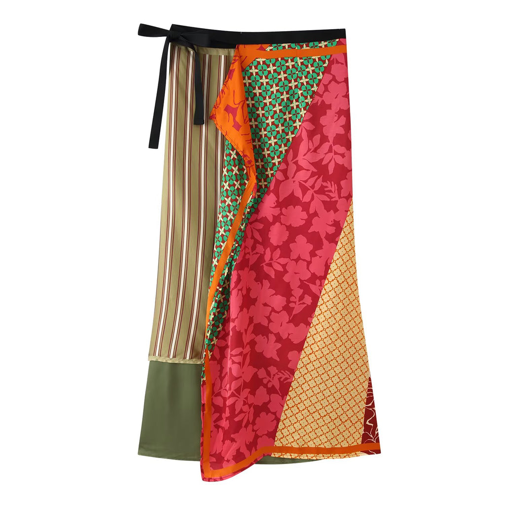 Women Clothing Summer All Match Printed Wrapping Towel Bowknot Decoration Skirt JOUNJ