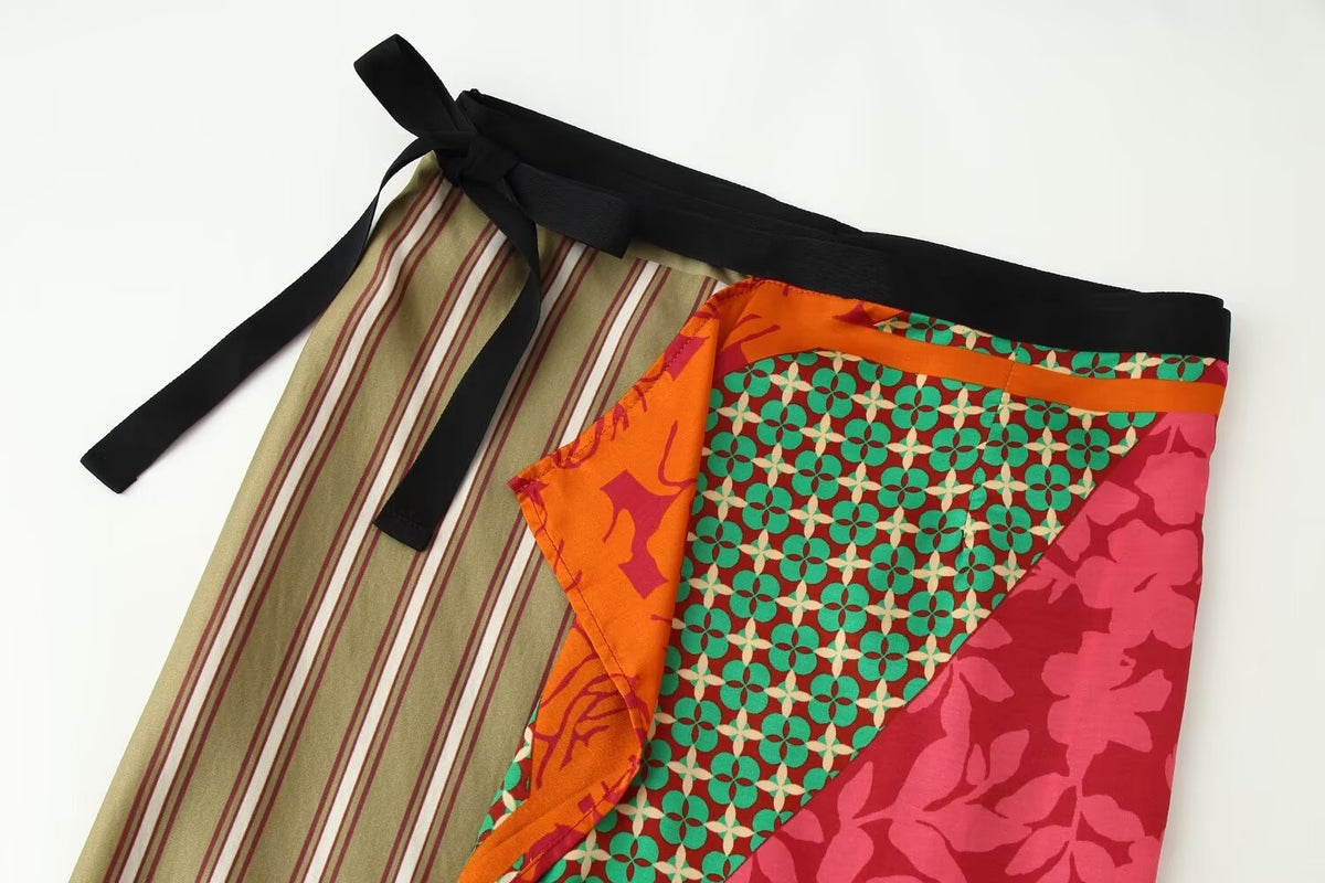 Women Clothing Summer All Match Printed Wrapping Towel Bowknot Decoration Skirt JOUNJ