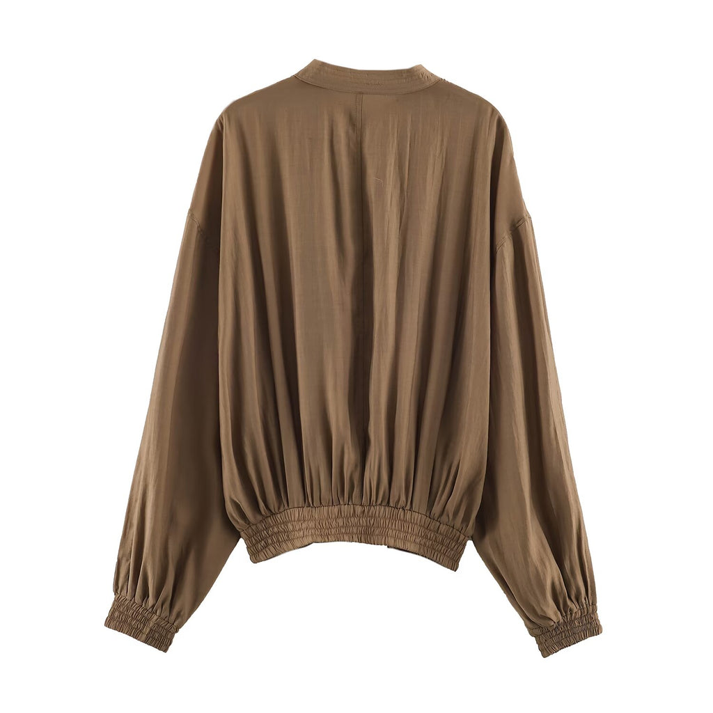 Women Clothing Summer Long Sleeve round Neck Vertical Loose Shirt Top SenDa