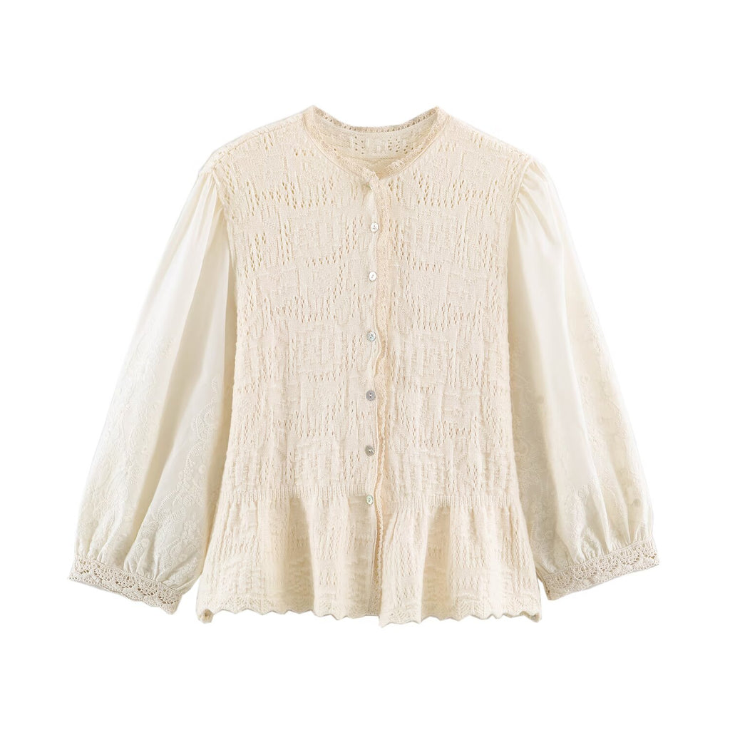 Women Clothing Sweet round Neck Button 3/4 Sleeve Mesh Stitching Knitted Cardigan SenDa