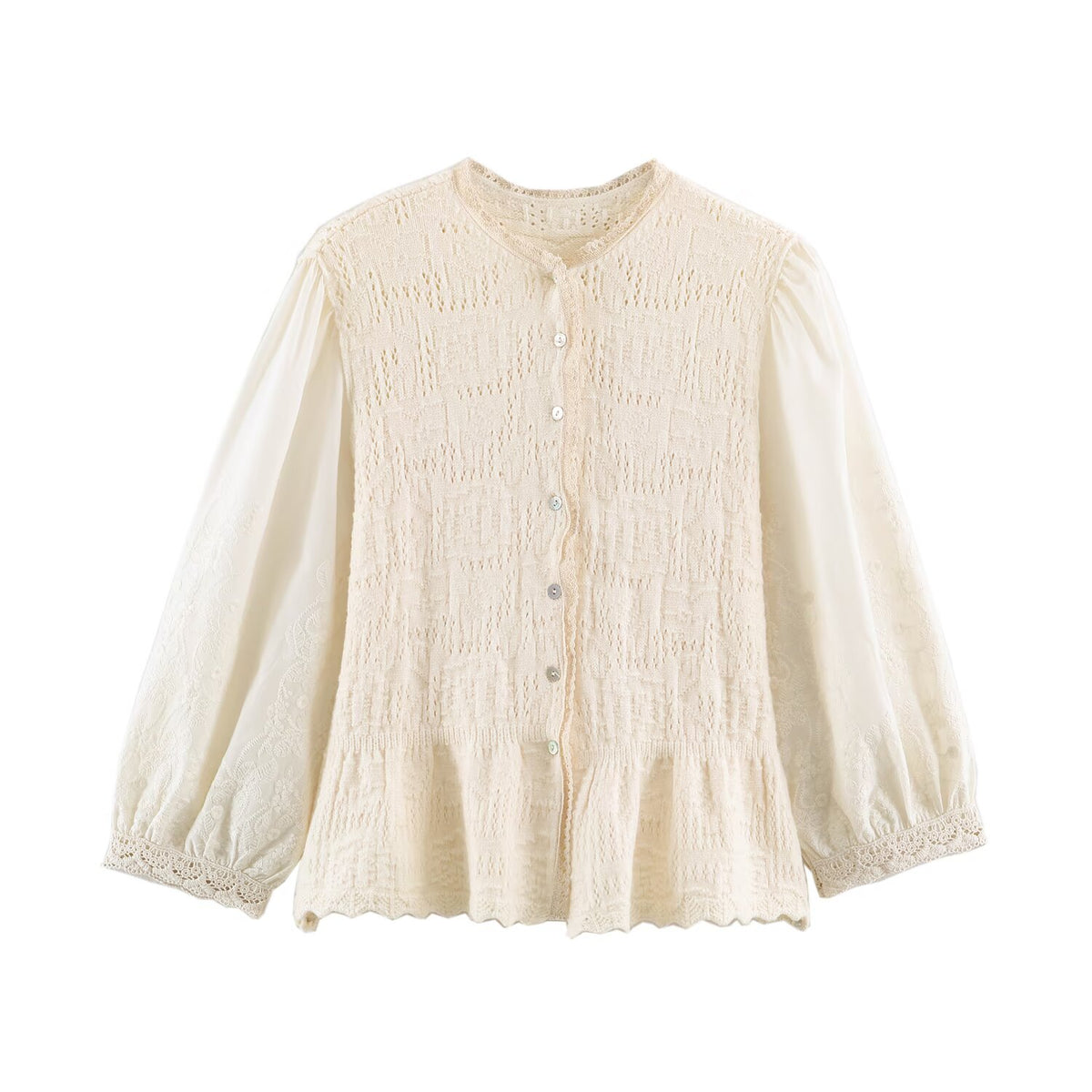 Women Clothing Sweet round Neck Button 3/4 Sleeve Mesh Stitching Knitted Cardigan SenDa