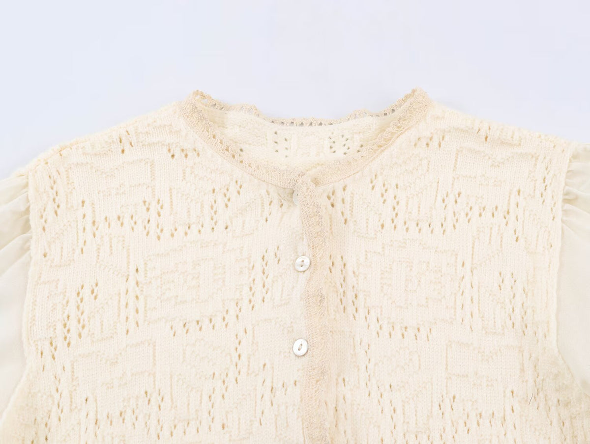Women Clothing Sweet round Neck Button 3/4 Sleeve Mesh Stitching Knitted Cardigan SenDa