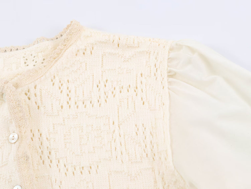 Women Clothing Sweet round Neck Button 3/4 Sleeve Mesh Stitching Knitted Cardigan SenDa