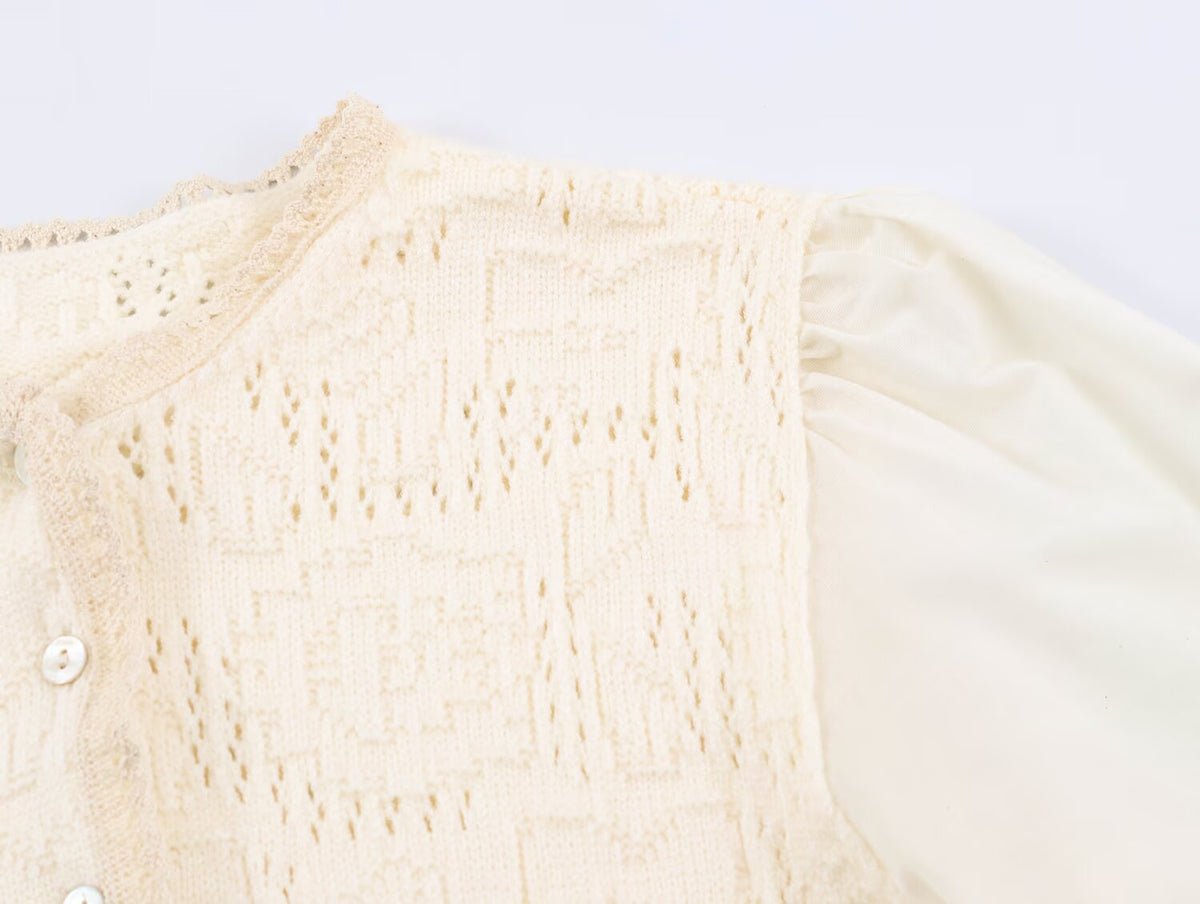 Women Clothing Sweet round Neck Button 3/4 Sleeve Mesh Stitching Knitted Cardigan SenDa