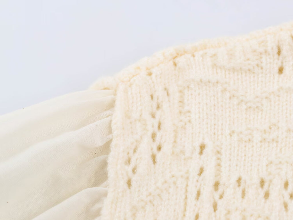 Women Clothing Sweet round Neck Button 3/4 Sleeve Mesh Stitching Knitted Cardigan SenDa