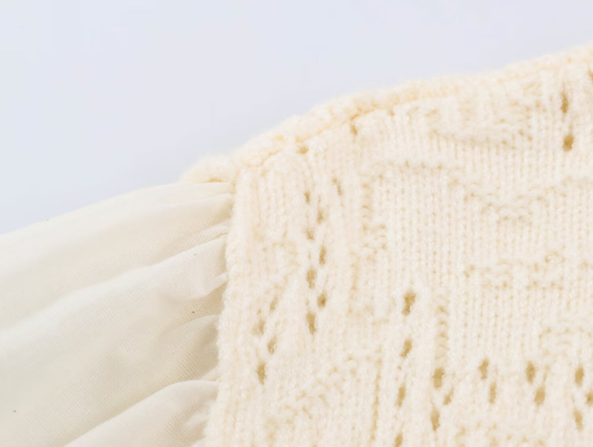 Women Clothing Sweet round Neck Button 3/4 Sleeve Mesh Stitching Knitted Cardigan SenDa