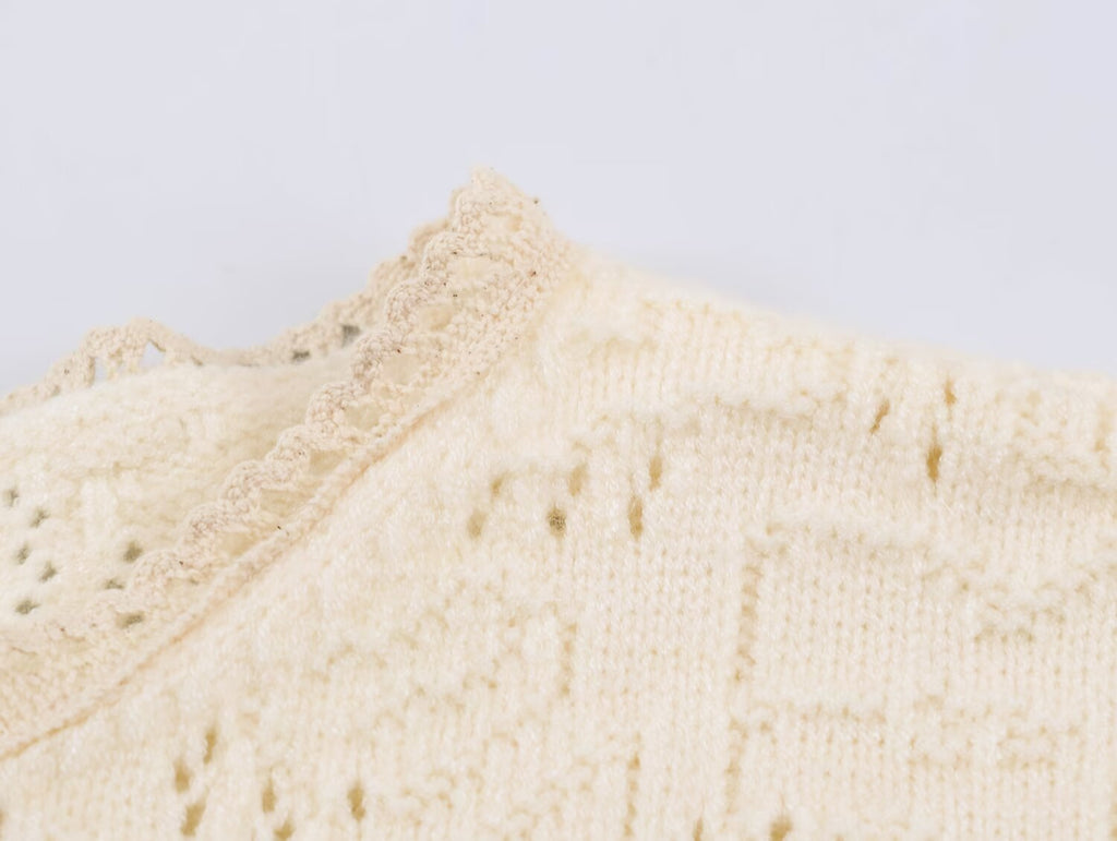 Women Clothing Sweet round Neck Button 3/4 Sleeve Mesh Stitching Knitted Cardigan SenDa