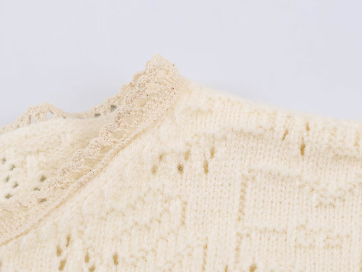 Women Clothing Sweet round Neck Button 3/4 Sleeve Mesh Stitching Knitted Cardigan SenDa