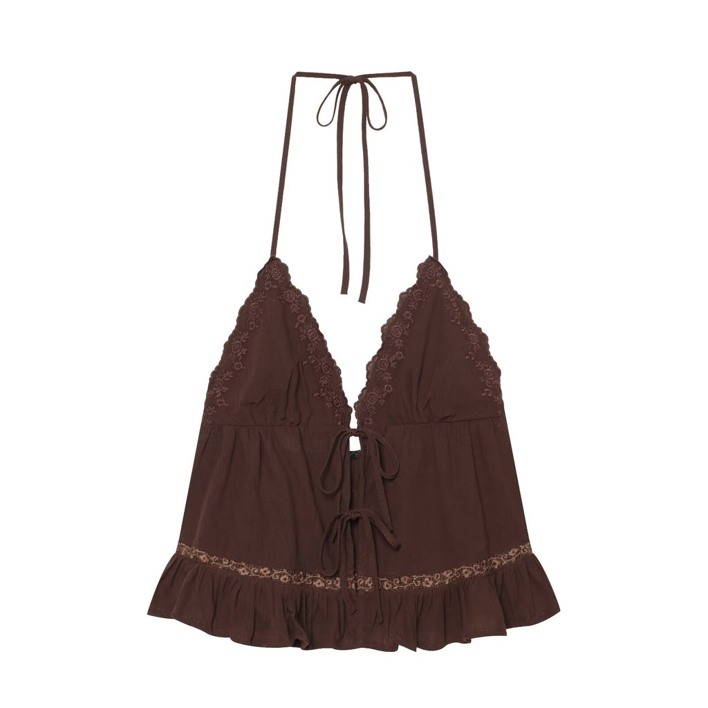 Women Clothing Summer Sexy Tulle Embroidered Hanging Collar Sling Top Howe