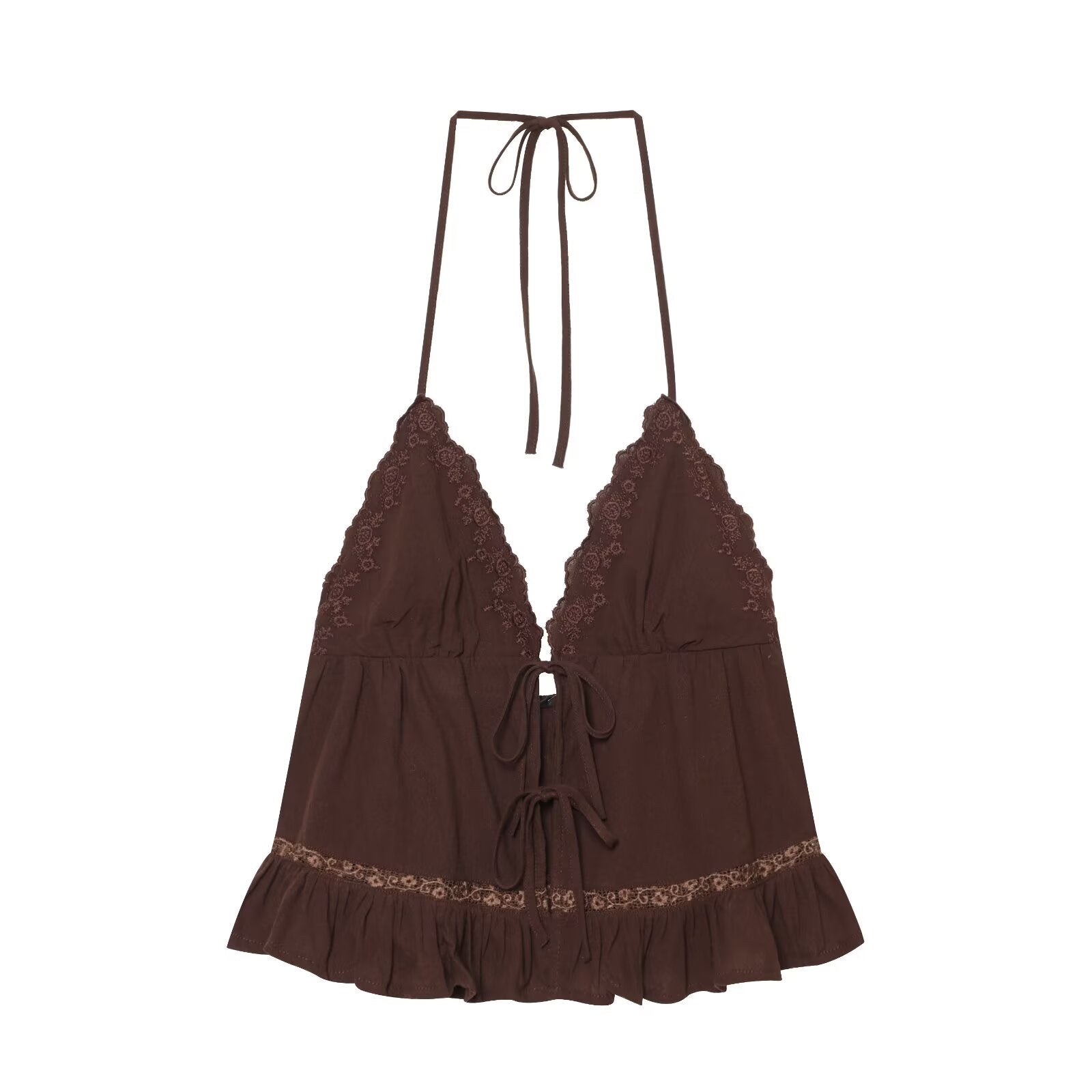 Women Clothing Summer Sexy Tulle Embroidered Hanging Collar Sling Top Howe