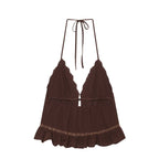 Women Clothing Summer Sexy Tulle Embroidered Hanging Collar Sling Top Howe