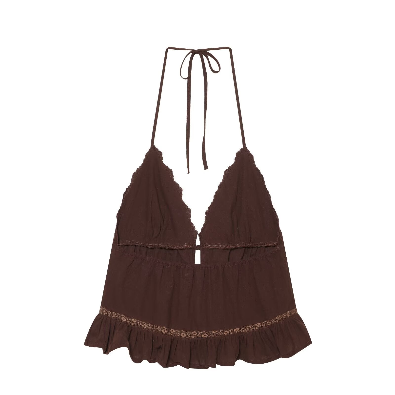 Women Clothing Summer Sexy Tulle Embroidered Hanging Collar Sling Top Howe
