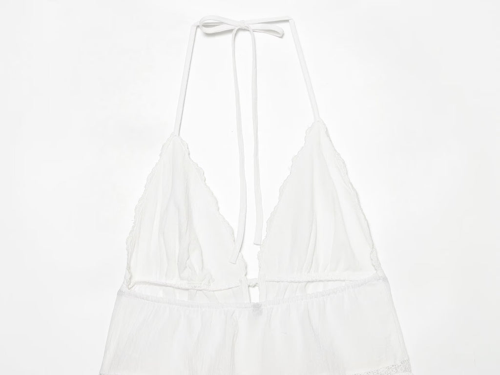 Women Clothing Summer Sexy Tulle Embroidered Hanging Collar Sling Top Howe