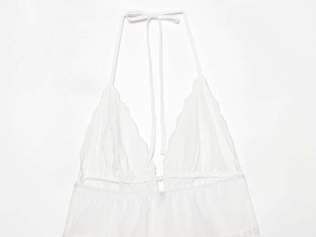 Women Clothing Summer Sexy Tulle Embroidered Hanging Collar Sling Top Howe