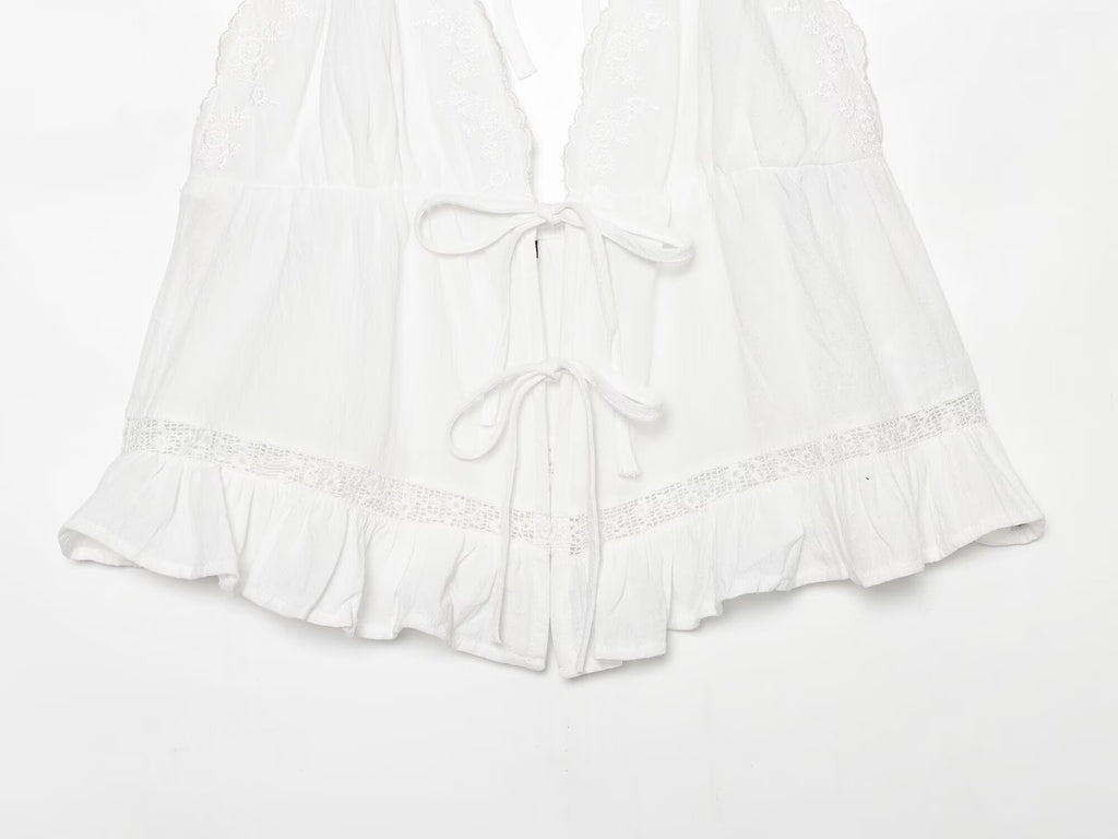 Women Clothing Summer Sexy Tulle Embroidered Hanging Collar Sling Top Howe