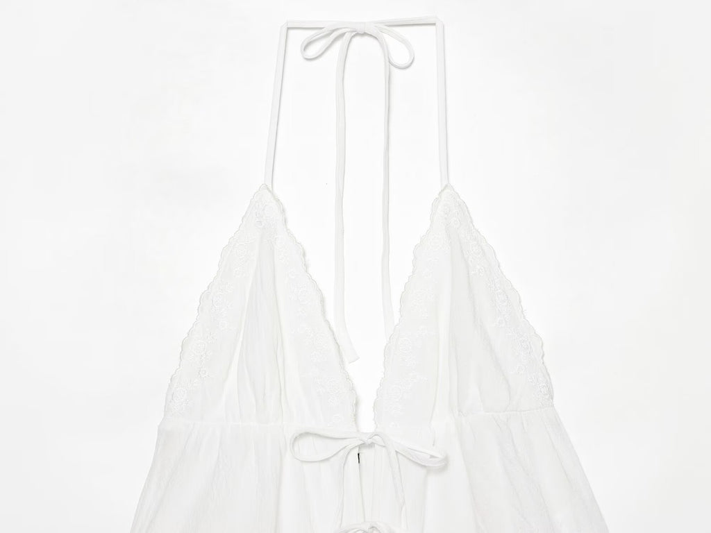 Women Clothing Summer Sexy Tulle Embroidered Hanging Collar Sling Top Howe