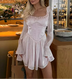 Short Dress Gentle Stringy Selvedge Flare Sleeve Boning Corset Waist Dress TinkleBell