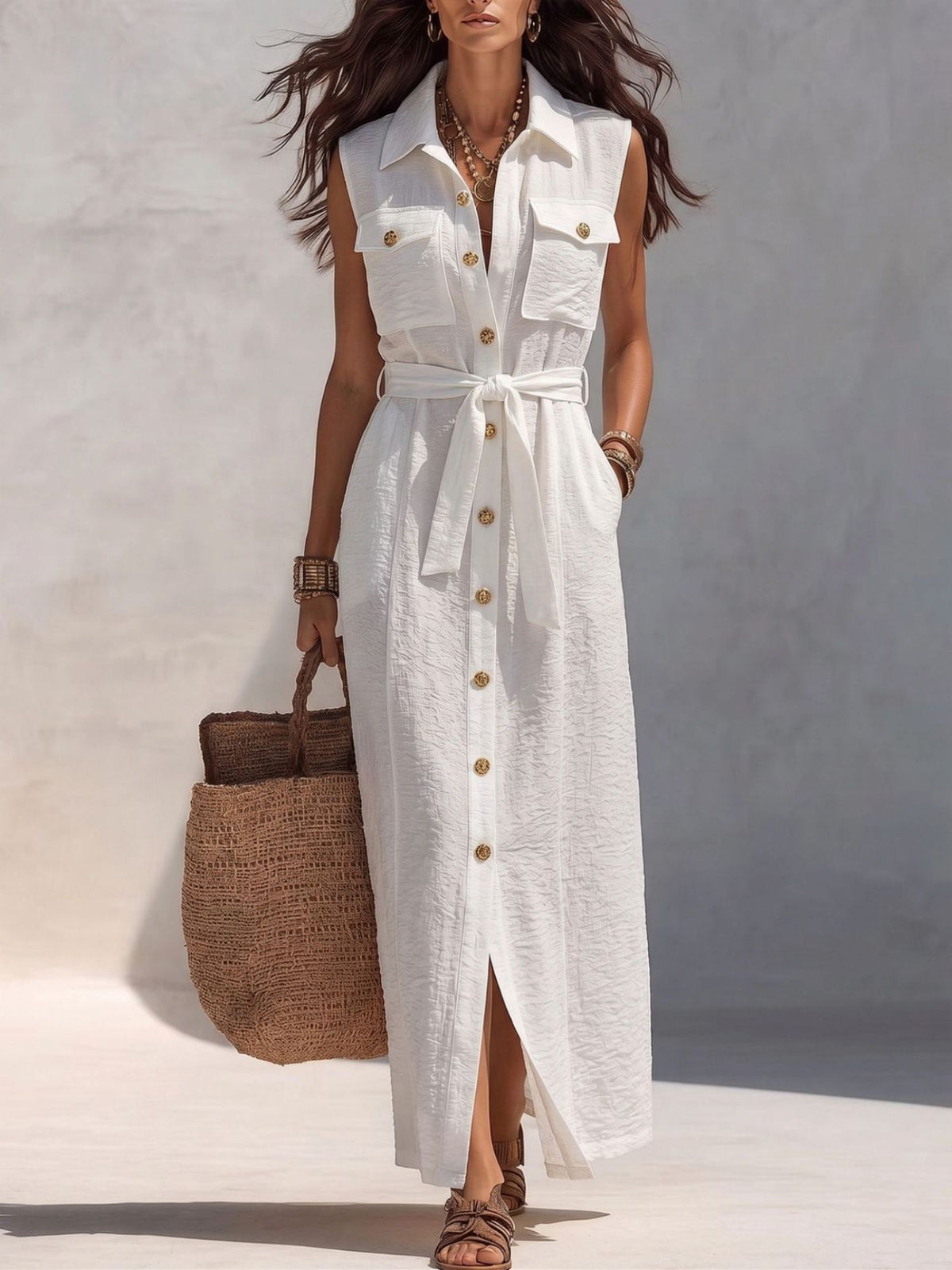 Elegant Sleeveless Button Shirt Dress Casual Simple Pocket Maxi Dress with Belt Venly