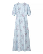 Women Gentle Satin Floral V neck Pleated Short Sleeves Dress JiaJia