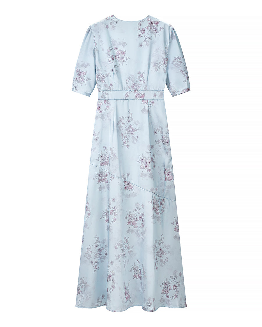 Women Gentle Satin Floral V neck Pleated Short Sleeves Dress JiaJia