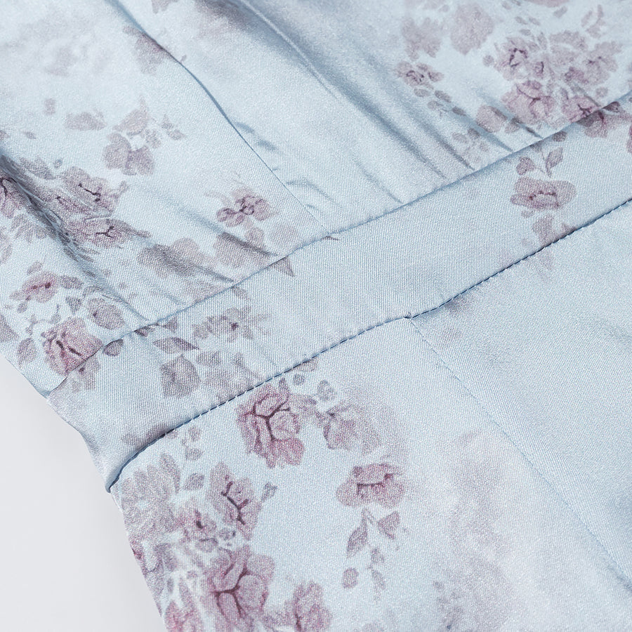 Women Gentle Satin Floral V neck Pleated Short Sleeves Dress JiaJia