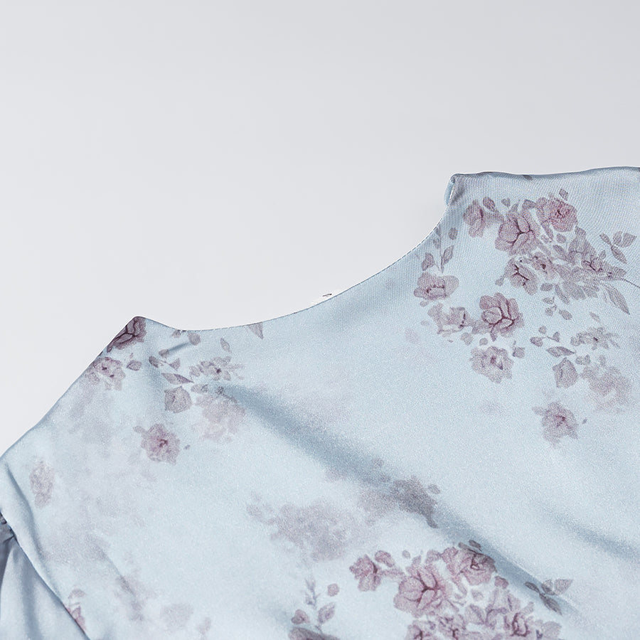 Women Gentle Satin Floral V neck Pleated Short Sleeves Dress JiaJia