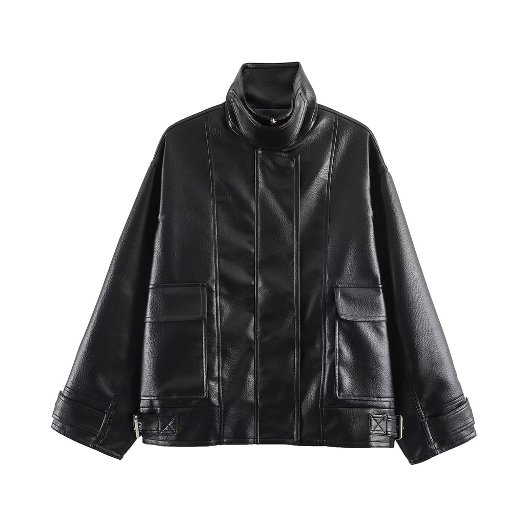 Women Clothing Autumn All Match Leather Effect Baggy Coat SenDa