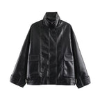 Women Clothing Autumn All Match Leather Effect Baggy Coat SenDa