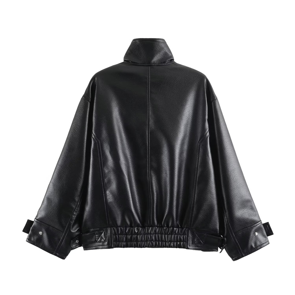 Women Clothing Autumn All Match Leather Effect Baggy Coat SenDa