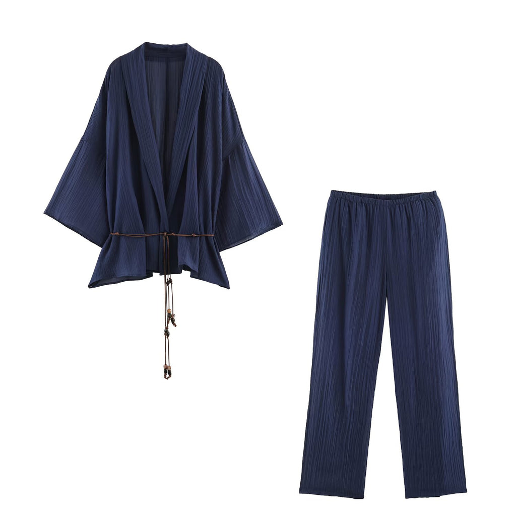 Summer Translucent Pleated Effect Coat Pants Set SenDa