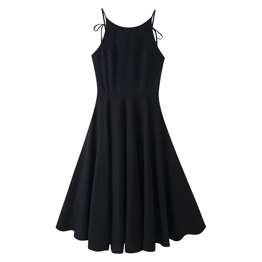 Women Clothing Minimalist Bow Tie Hanging Collar Midi Dress CHEN