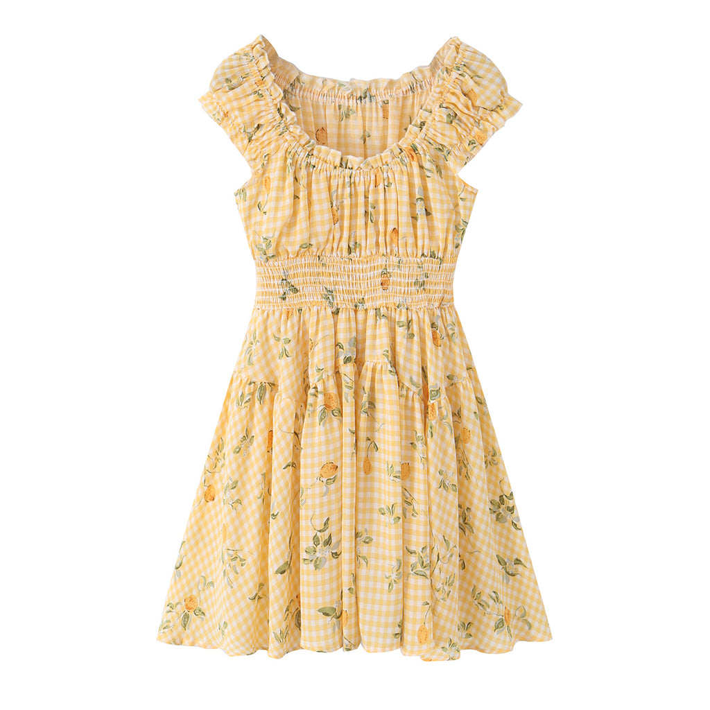 Square Collar Lace up Waist Controlled Printed Pleating Sexy Short Sleeve Women ummer A line Dress OMI