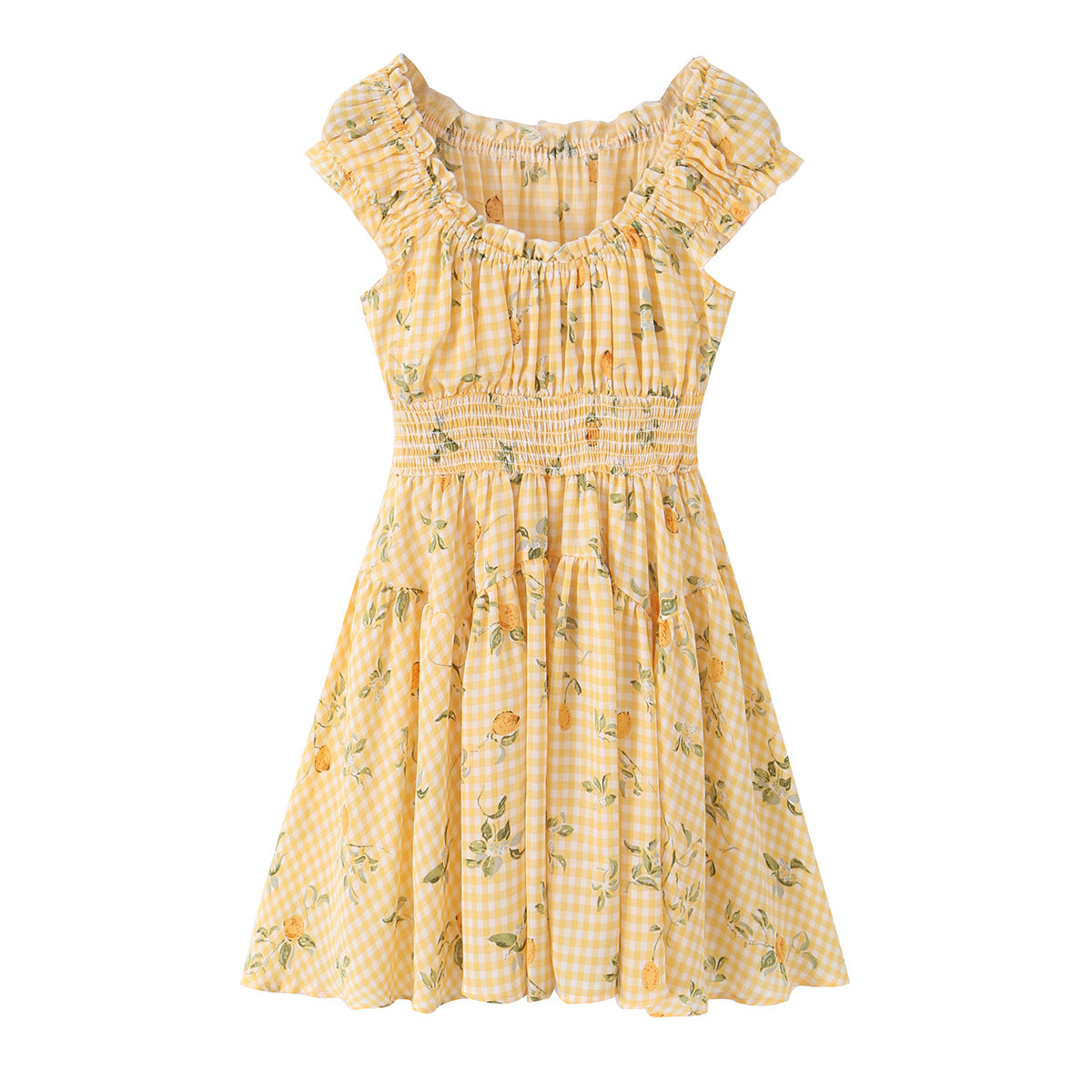 Square Collar Lace up Waist Controlled Printed Pleating Sexy Short Sleeve Women ummer A line Dress OMI