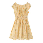 Square Collar Lace up Waist Controlled Printed Pleating Sexy Short Sleeve Women ummer A line Dress OMI