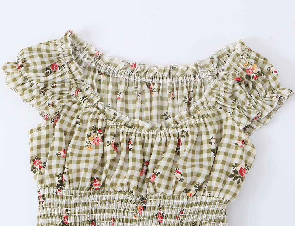 Square Collar Lace up Waist Controlled Printed Pleating Sexy Short Sleeve Women ummer A line Dress OMI