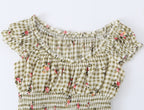 Square Collar Lace up Waist Controlled Printed Pleating Sexy Short Sleeve Women ummer A line Dress OMI