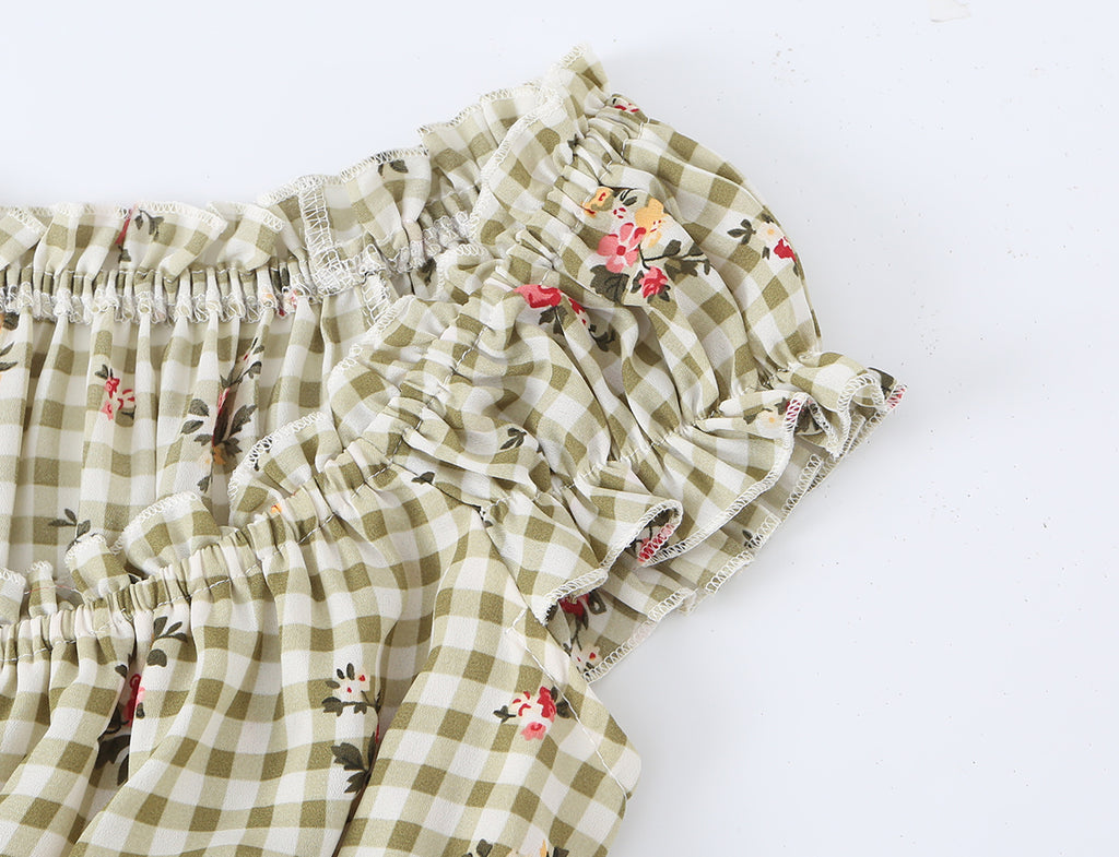 Square Collar Lace up Waist Controlled Printed Pleating Sexy Short Sleeve Women ummer A line Dress OMI
