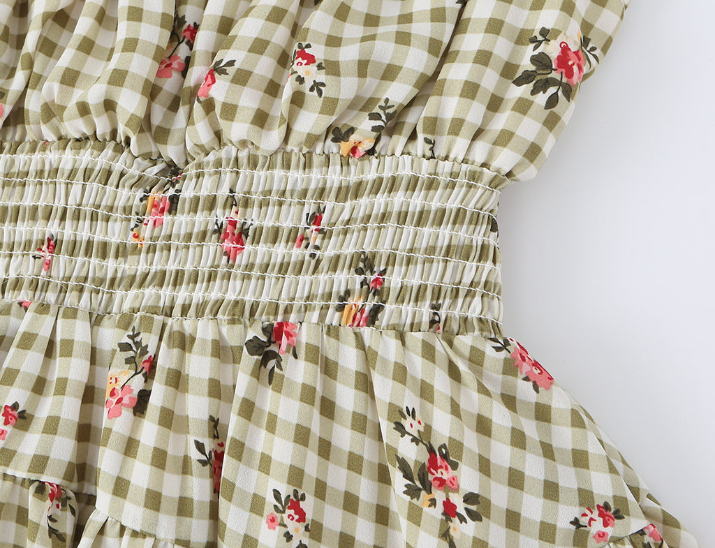 Square Collar Lace up Waist Controlled Printed Pleating Sexy Short Sleeve Women ummer A line Dress OMI