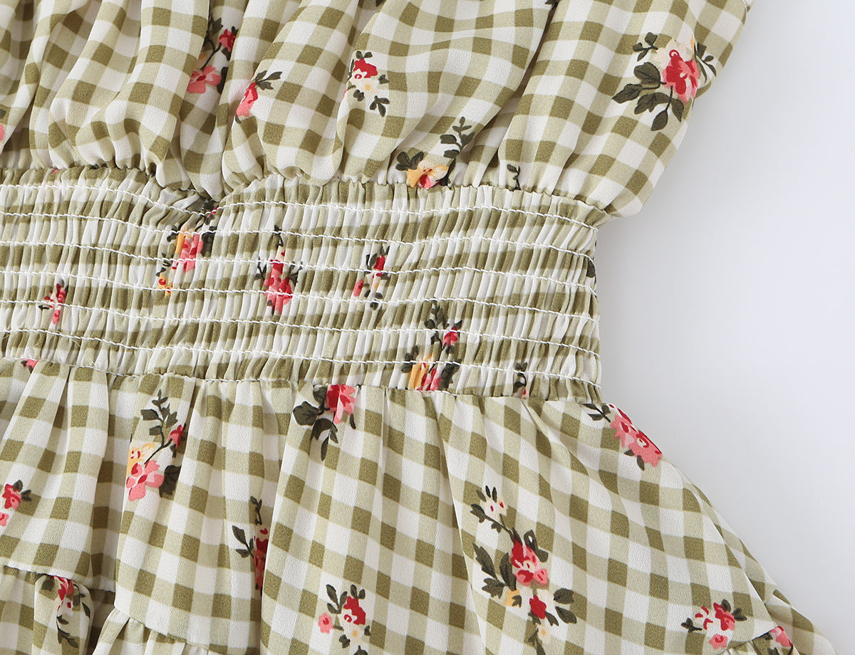 Square Collar Lace up Waist Controlled Printed Pleating Sexy Short Sleeve Women ummer A line Dress OMI