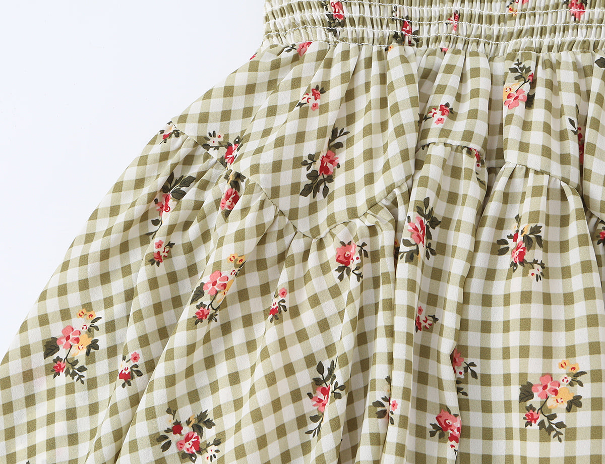 Square Collar Lace up Waist Controlled Printed Pleating Sexy Short Sleeve Women ummer A line Dress OMI