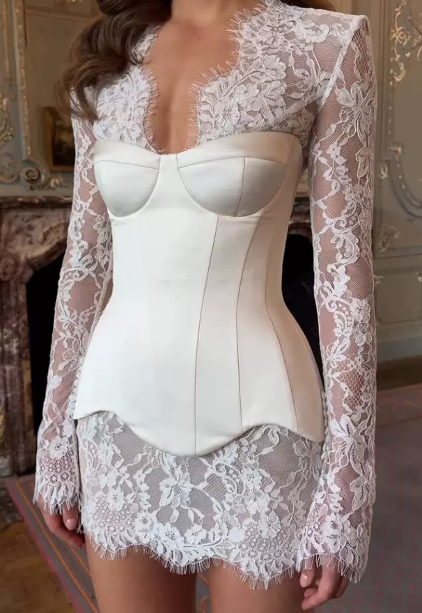 Women Clothing Summer Arrival French Lace See Through Short Dress Satin Boning Corset Set Evening Gown TinkleBell