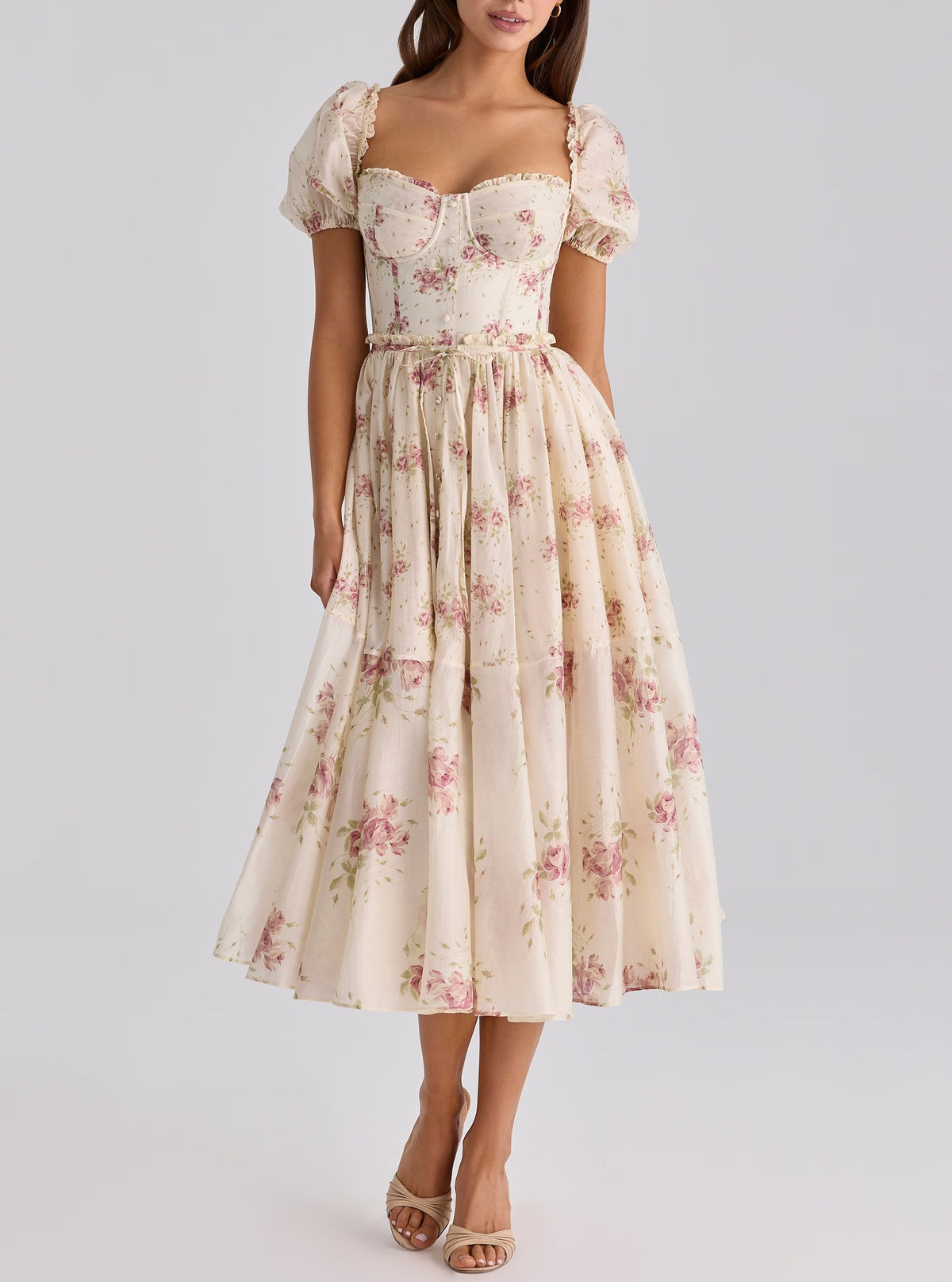 Sweet Romantic Vacation Printed Maxi Dress Puff Sleeve Waist Dress TinkleBell