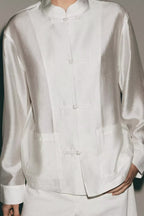 Summer Arrival Long Sleeve Crew Neck Satin Twisted Knot Pocket Shirt flightCourse