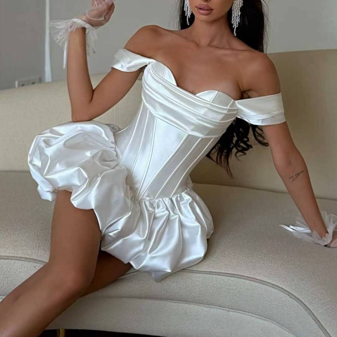 Women Clothing Fashionable Elegant Slim off Shoulder Boning Corset Waist Bud Puff Short Dress TinkleBell