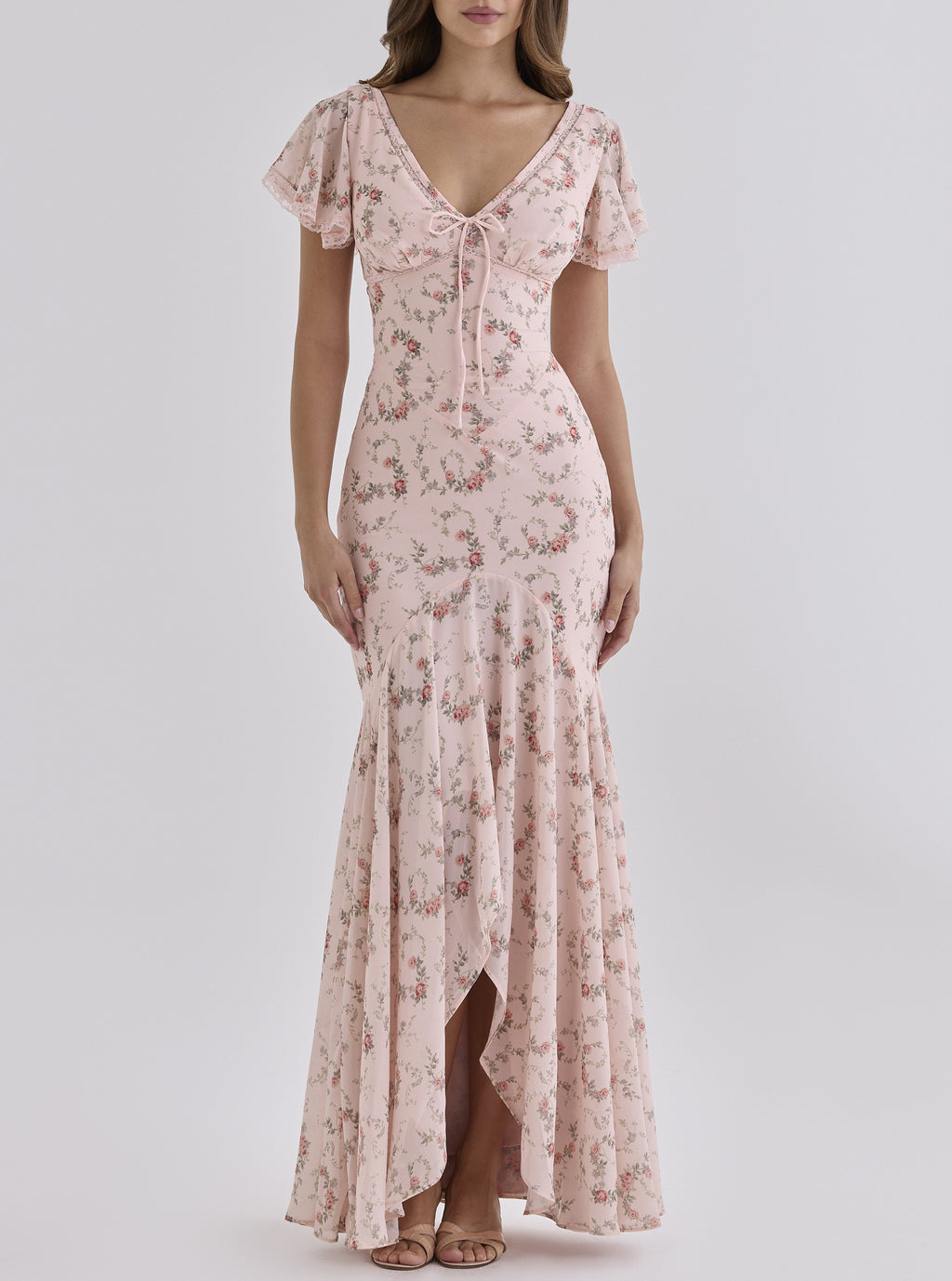 Romantic Pastoral Printed Dress V neck Irregular Asymmetric Slim Fit Dress TinkleBell